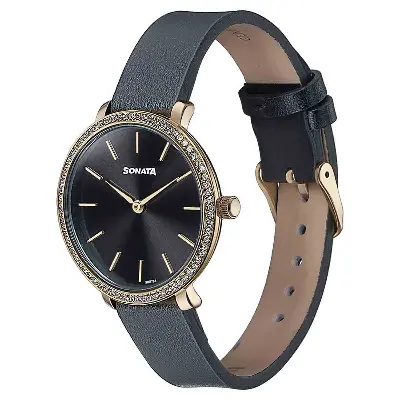 Picture of Sonata Black Round Dial Black Strap Watch For Ladies