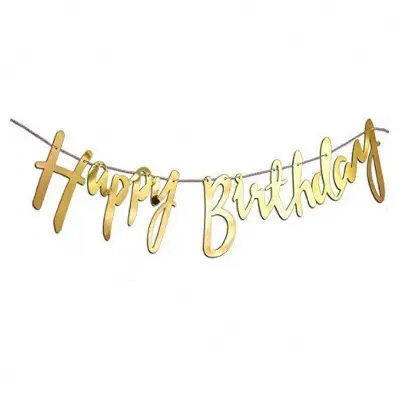 Picture of Happy Birthday Cursive, Bunting Banner in Metallic color in Italic Letters - Golden