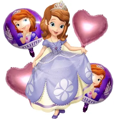 Picture of 5 Pcs Sofia Princess Character Foil Balloon - 5 Pcs of Foil Balloon - 1 Sofia Princess character, 2 Pink Heart shape , 2 round shape balloon for birthday theme Decoration