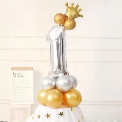 Picture of 32 inch Large Happy Birthday Number Foil Balloon Birthday Party Decorations Supplies 1st Birthday Balloons Party Decorations Silver Number balloon 12 with Mini Crown - Silver
