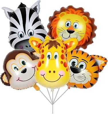 Picture of 5pcs Jungle Safari Animals Head Foil Balloons Tiger Zebra Giraffe Lion Monkey Birthday Party Decorations Supplies - Multicolor