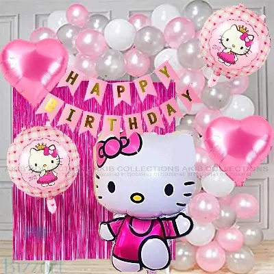 Picture of Happy Birthday Decoration Hello Kitty Theme Combo Kit Items With Balloons Foil Curtain Shimmer For Theme Birthday Party Decorations Pink Pack