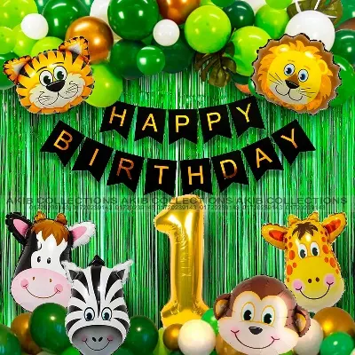Picture of Jungle Themed Birthday Decoration Complete Set Birthday Party Decorations for a Wild Celebration Green Balloons, Animal Foil Balloons and DIY Decor Kit