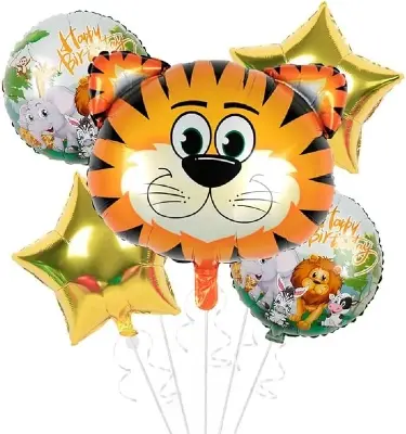 Picture of Tiger Animal Theme Foil Balloon 5 Pcs Set Party Supplier, Jungle Themed Animal Balloons sets for Happy Birthday Christmas Party Decorations Kids Baby Party Supplies