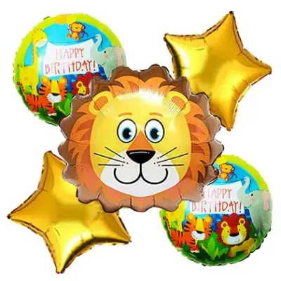Picture of Lion Animal Theme Foil Balloon 5 Pcs Set, Jungle Themed Animal Balloons for Birthday Party Decorations