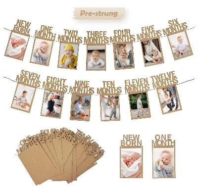 Picture of 1st Birthday Photo Banner for Baby from Newborn to 12 Months, First Birthday Decorations for Boys or Girls, Pre-Strung One Year Old Birthday Photo Banner - Gold