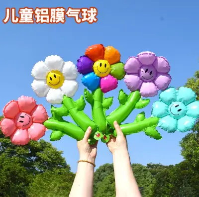Picture of 5pcs Sunflower Balloon Handheld Aluminum Smiley Kindergarten Birthday Scene Layout Stall Pushing Children Daisy Inflatable - Multicolor