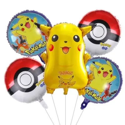 Picture of 5 Pcs Pokemon Foil Balloon Bouquet with Pikachu Design - Multicolor