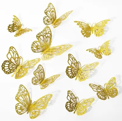 Picture of Gold Butterflies for Party, Birthday, Cake Decorations, Removable Stickers for Wedding Room Flower Decor - Gold