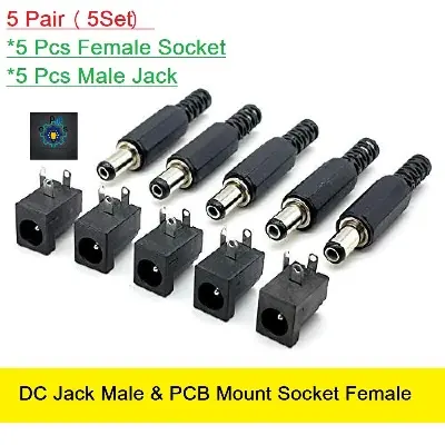 Picture of 5Pair 5V 12V 24V DC Jack Male & PCB Mount Socket Female DC Power Jack 2.1mm Plug Socket Power Supply - Versatile Power Connection Solution (Black)