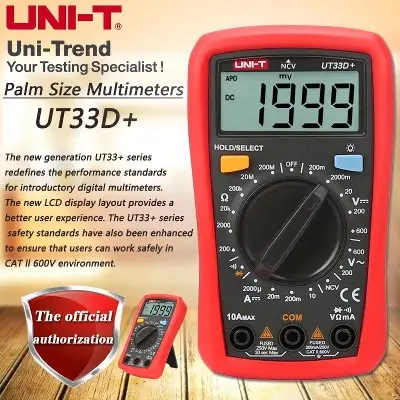 Picture of UNI-T UT33D+ Mini Digital Multimeter 600V NCV Palm Size Manual Range AC DC Voltmeter Ammeter Resistance Capatitance Tester
