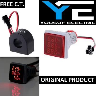 Picture of 3 In 1 Volt Amp Hz Meter Panel Mount 22Mm Square Panel 3 In 1 Ac 60-500V 0-100A 20-75Hz Led Digital Display Voltage Volt Current Ampere - Red