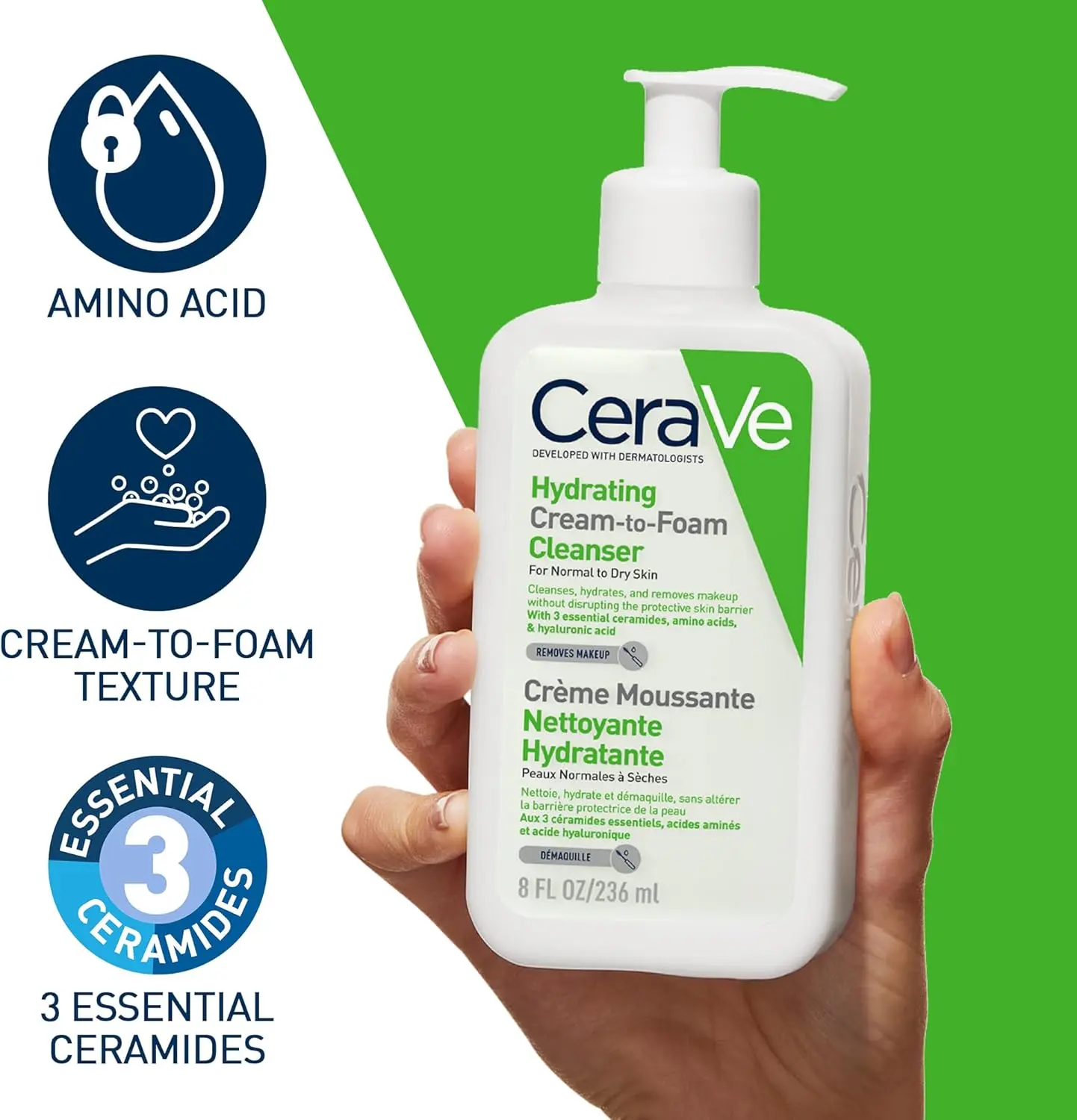 Picture of CeraVe Hydrating Cream-to-Foam Cleanser – Gentle Daily Face Wash for Normal to Dry Skin-(White)