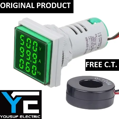 Picture of 3 In 1 Volt Amp Hz Meter Panel Mount 22Mm Square Panel 3 In 1 Ac 60-500V 0-100A 20-75Hz Led Digital Display Voltage Volt Current Ampere - Green