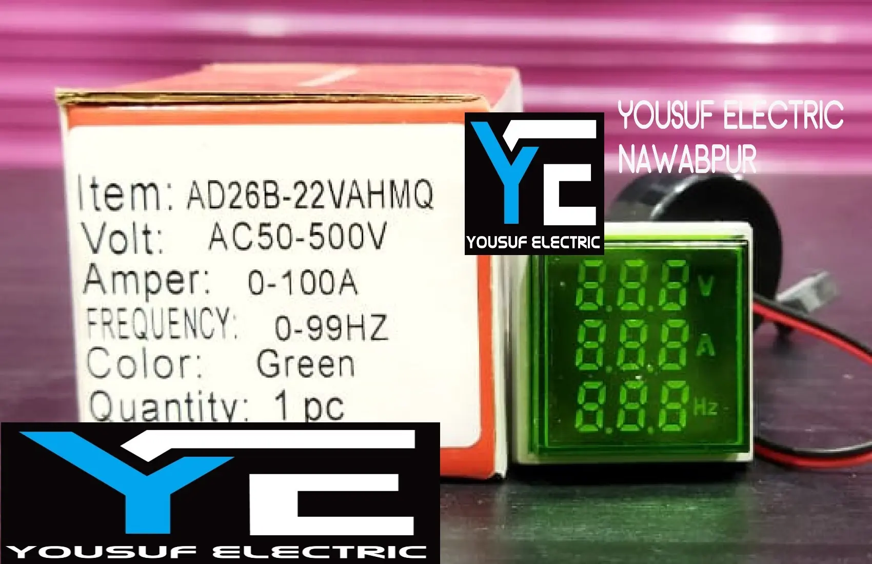 Picture of 3 In 1 Volt Amp Hz Meter Panel Mount 22Mm Square Panel 3 In 1 Ac 60-500V 0-100A 20-75Hz Led Digital Display Voltage Volt Current Ampere - Green
