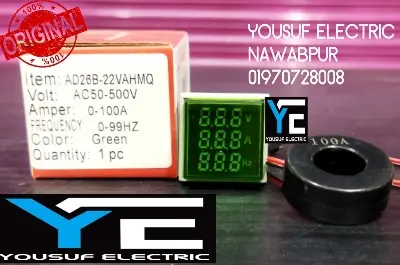 Picture of 3 In 1 Volt Amp Hz Meter Panel Mount 22Mm Square Panel 3 In 1 Ac 60-500V 0-100A 20-75Hz Led Digital Display Voltage Volt Current Ampere - Green