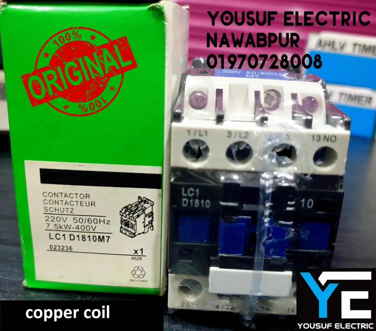 Picture of Magnetic Contactor Telemecanique LC1 D18 3 Phase 32 Ampere AC 3p NO NC Copper coil Voltage AC 220V three phase for Industrial use replace Finder Relay - Black