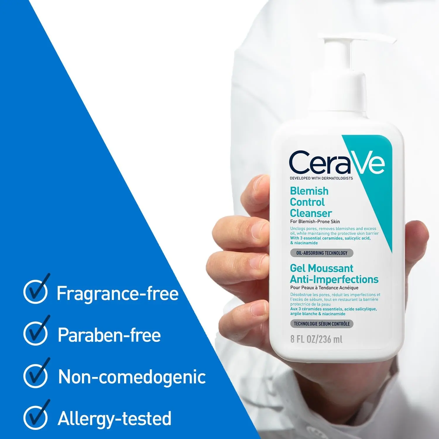Picture of CeraVe Oil-Absorbing Blemish Control Cleanser for Acne-Prone Skin, 236ml-(OFF White)