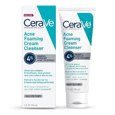 Picture of CeraVe Acne Foaming Cream Cleanser with 4% Benzoyl Peroxide – Clears Acne, Blackheads & Prevents Breakouts 150ml-(White)