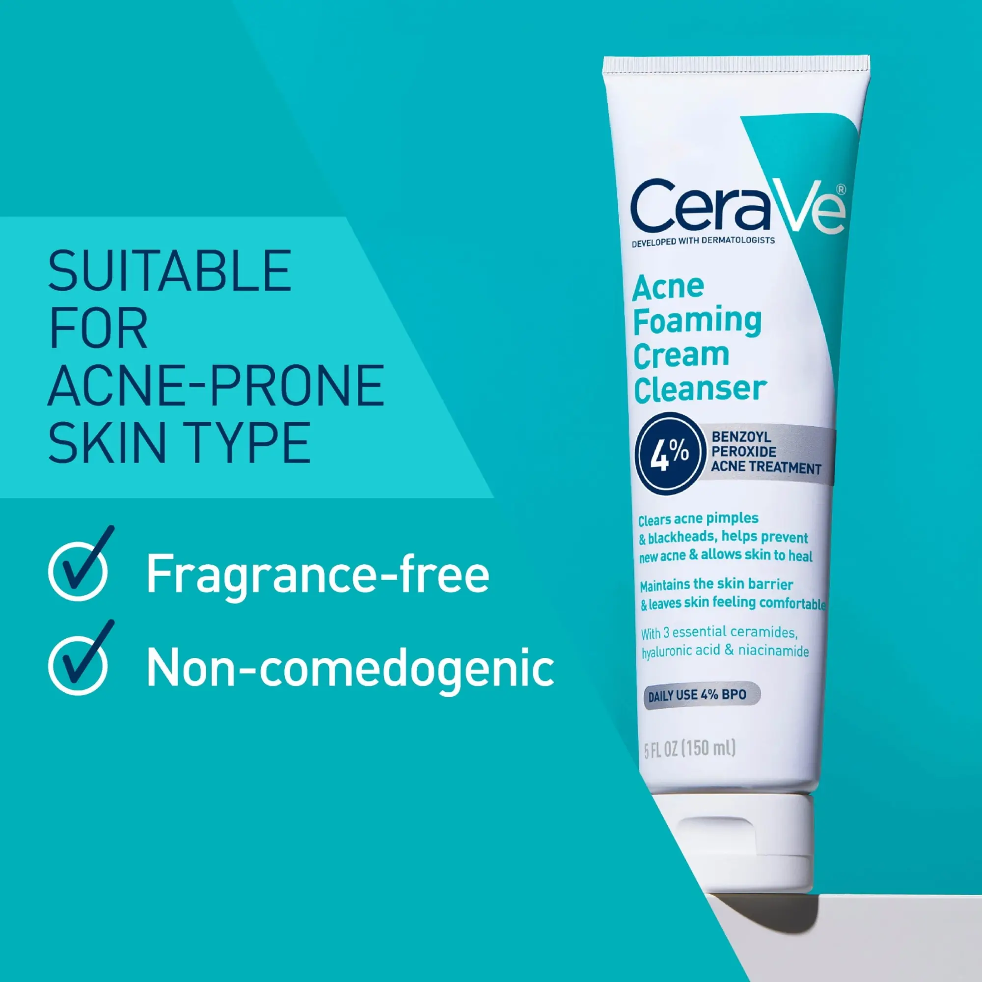Picture of CeraVe Acne Foaming Cream Cleanser with 4% Benzoyl Peroxide – Clears Acne, Blackheads & Prevents Breakouts 150ml-(White)