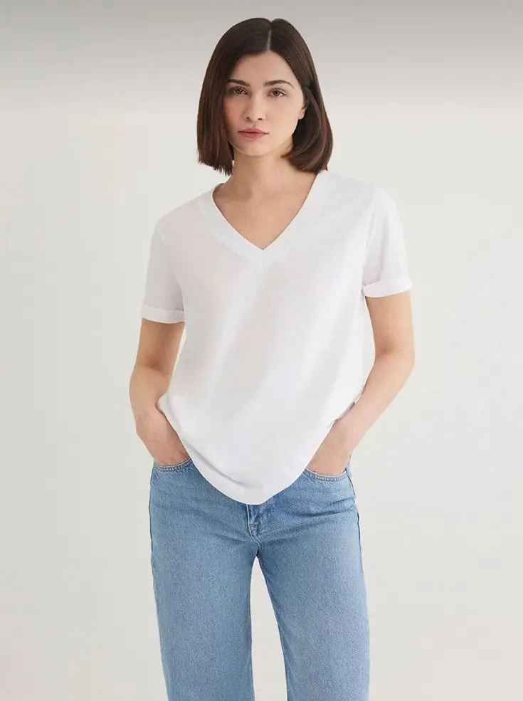 Picture of V Neck White Color Plain T-Shirt | Soft 100% Cotton Fabric | Summer Friendly Stylish White