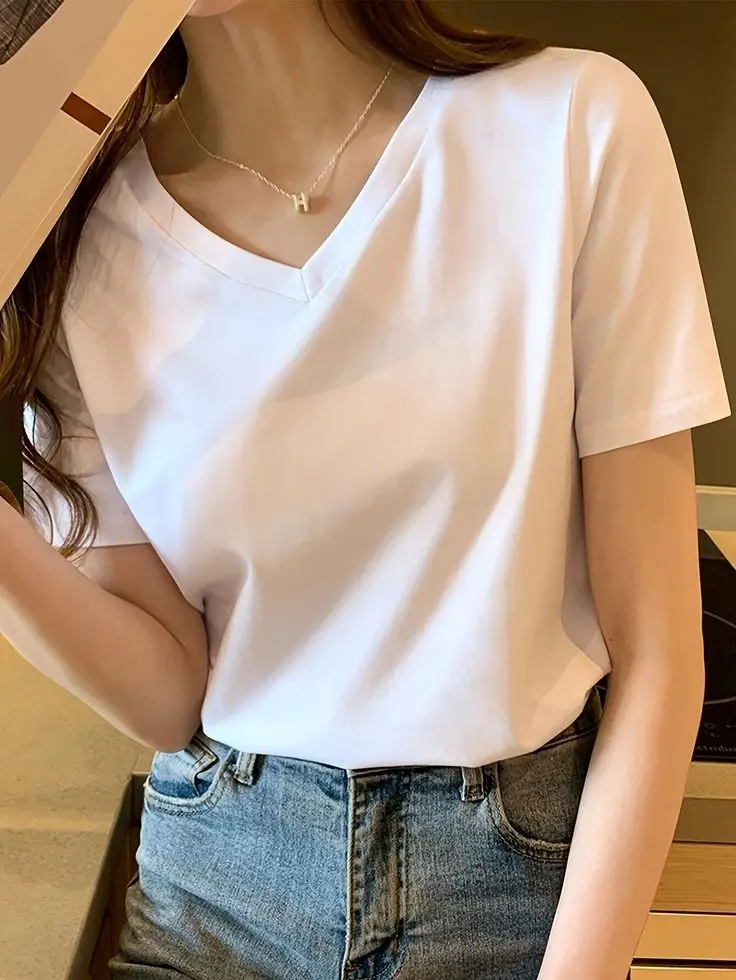 Picture of V Neck White Color Plain T-Shirt | Soft 100% Cotton Fabric | Summer Friendly Stylish White