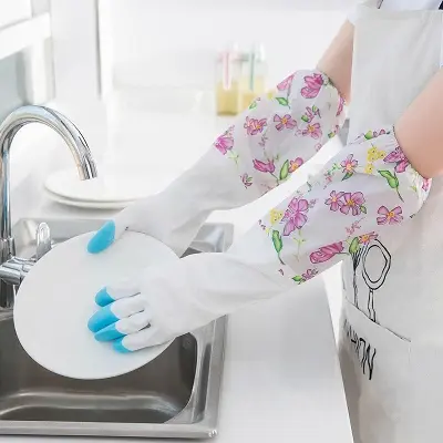 Picture of 2 pcs High Quality Creative Home Washing Cleaning Gloves Waterproof Rubber Latex Flannel Washbowl gloves Kitchen Glove L1 R1 (1 Pair)