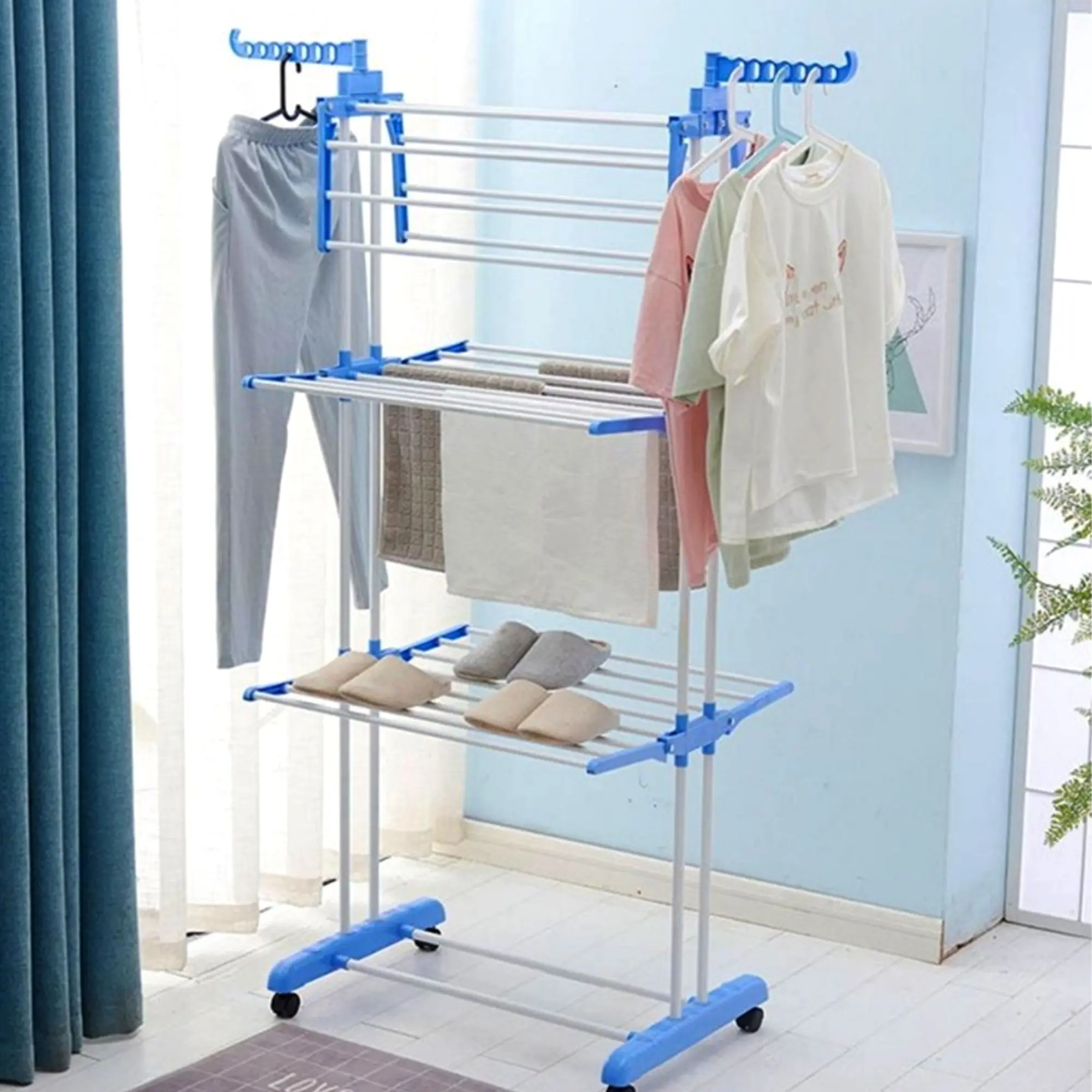Picture of Universal Cloth Hanger Rack With Double Pole-Stand - 3 Tier - Blue