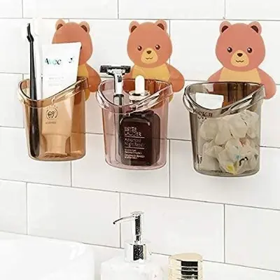 Picture of Teddy Bear Bathroom Tooth Brush Holder Brush Holder Toothpaste Brush Holder Adhesive Tooth Brush Holder - Multicolor