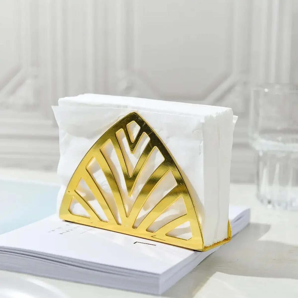 Picture of Tabletop Tissue Dispenser Napkin Holder Hollow Stainless Steel Tissue Dispenser Tissue Boxes for Home Countertop - Gold