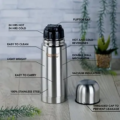 Picture of Sumeet Stainless Steel Double Walled Flask / Water Bottle, with Flip Lid, 24 Hours Hot and Cold, 500 ml, Silver - Silver