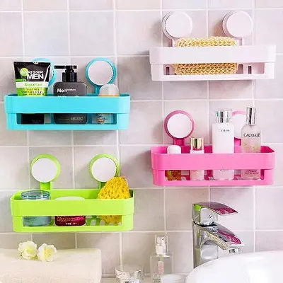 Picture of Suction Cup Bathroom Shelf Basket Rack Organizer Hanging Wall Kitchen Seasoner Shelf Storage Holder Racks Accessories
