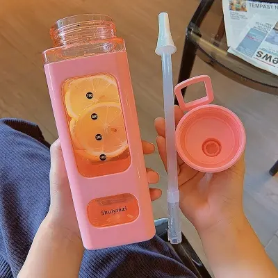 Picture of Stylist Square Shape Plastic Water Bottle With Straw Gym Portable Sport Bottle Drink Bottles - Multicolor