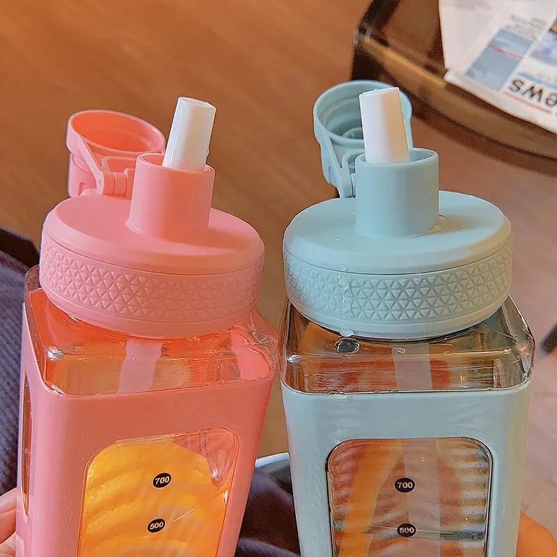 Picture of Stylist Square Shape Plastic Water Bottle With Straw Gym Portable Sport Bottle Drink Bottles - Multicolor