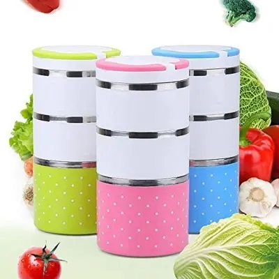Picture of Stainless Steel Three Layers Lunch Box Round Lunch Box Food Container Box - Multicolor