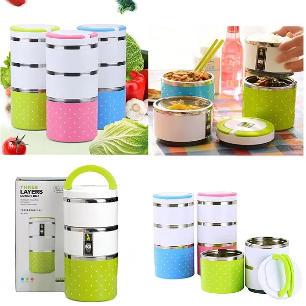 Picture of Stainless Steel Three Layers Lunch Box Round Lunch Box Food Container Box - Multicolor