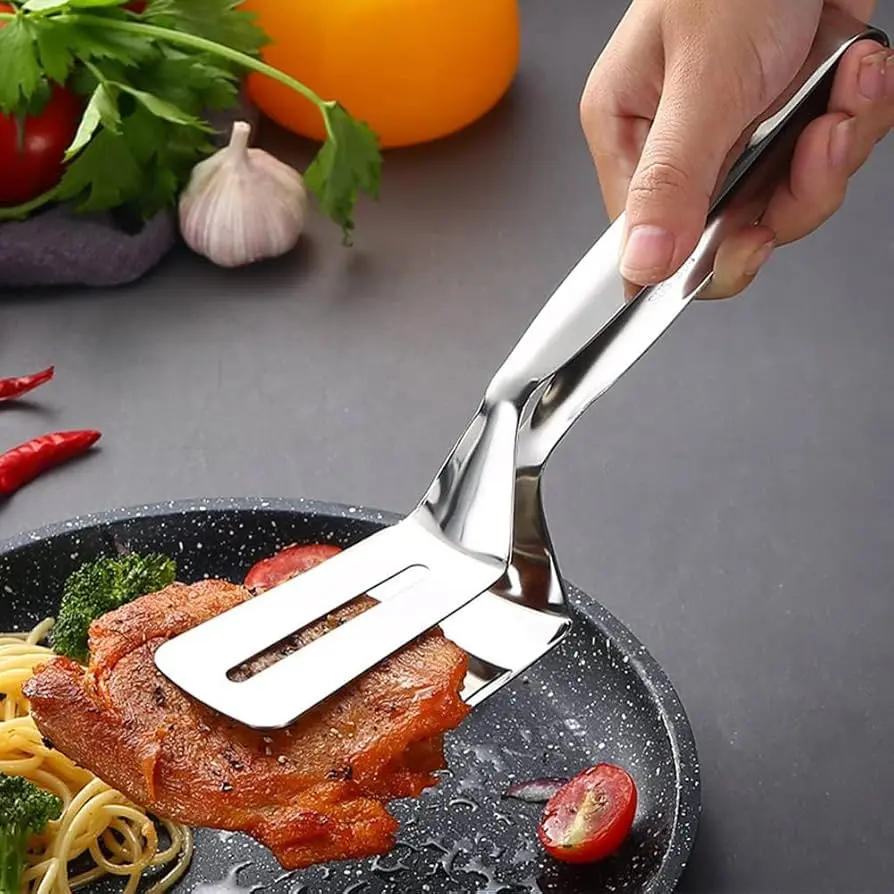 Picture of Stainless Steel Cooking Tong - Multifunctional Slotted Fish Double-Sided Spatula for Cooking, Gripper for Steak Clamps, Bread Roti Chapati - Silver