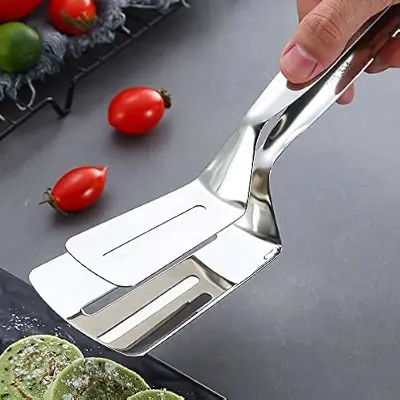Picture of Stainless Steel Cooking Tong - Multifunctional Slotted Fish Double-Sided Spatula for Cooking, Gripper for Steak Clamps, Bread Roti Chapati - Silver