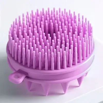 Picture of Silicone 2 in 1 Double Sided Purple Color Multipurpose Shampoo Brush Bath Exfoliator Body Scrubber Hair Scalp Massager With Soft Bristles - Multicolor