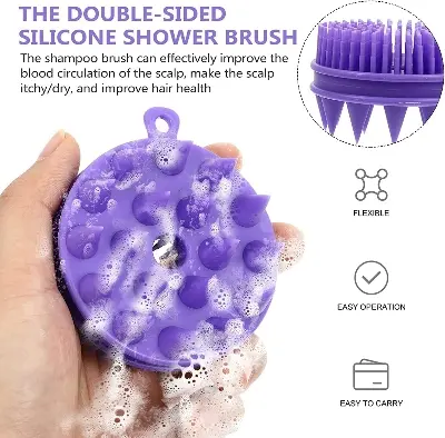 Picture of Silicone 2 in 1 Double Sided Purple Color Multipurpose Shampoo Brush Bath Exfoliator Body Scrubber Hair Scalp Massager With Soft Bristles - Multicolor