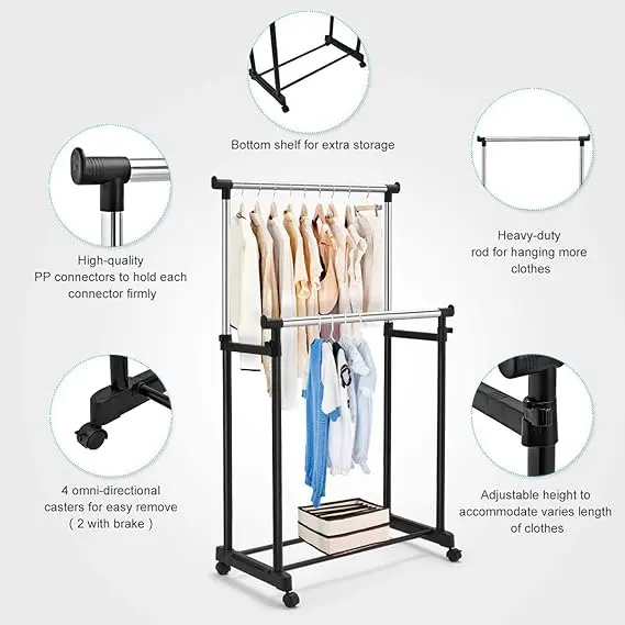 Picture of Premium Double Pole Portable Adjustable Stainless Steel Portable Telescopic Clothes Rack | Foldable and Garment Hanging Rack - Multicolor