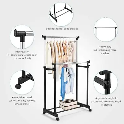 Picture of Premium Double Pole Portable Adjustable Stainless Steel Portable Telescopic Clothes Rack | Foldable and Garment Hanging Rack - Multicolor