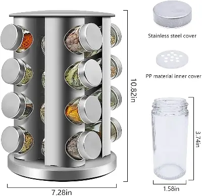 Picture of pice Rack,16-Jar Revolving Countertop Spice Tower,Stainless Steel Spice Organizer, Seasoning Storage Organization with 16 Empty Glass Spice - Multicolor