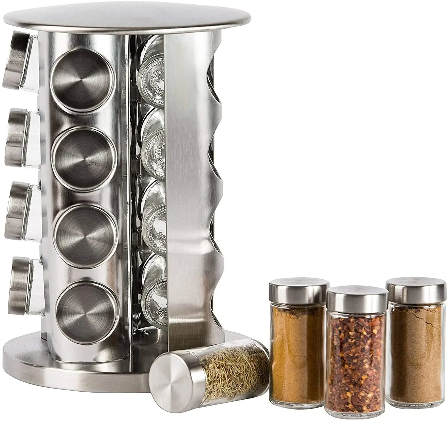 Picture of pice Rack,16-Jar Revolving Countertop Spice Tower,Stainless Steel Spice Organizer, Seasoning Storage Organization with 16 Empty Glass Spice - Multicolor