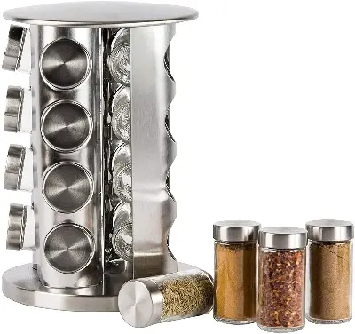 Picture of pice Rack,16-Jar Revolving Countertop Spice Tower,Stainless Steel Spice Organizer, Seasoning Storage Organization with 16 Empty Glass Spice - Multicolor