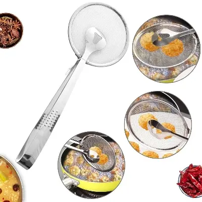 Picture of Multi-functional Spoon Filter with Stainless Steel Clip Strainer Oil Filters - Filter Fry Fried Chicken Drumsticks Food Clip - Silver