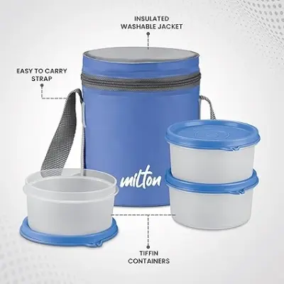 Picture of MILTON Softline Foodie Tiffin Insulated Lunch Box, Set of 3, (280 ml Each), Blue | Leak Proof | Microwave Safe - Multicolor