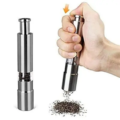 Picture of Kitchen Mini Pepper Grinder Crusher Mill Stainless Steel Hand Thumb Press Set Machine with Stylish Design for Grinding Salt and Black Pepper - Silver