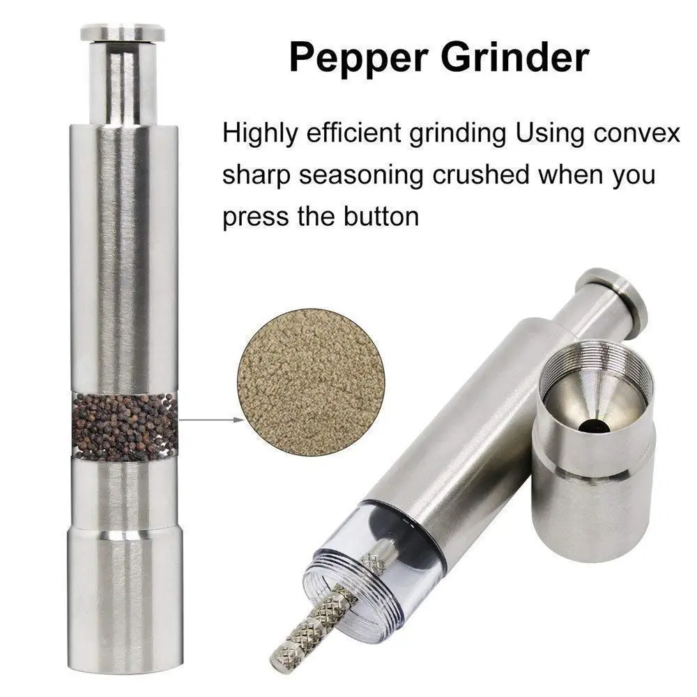 Picture of Kitchen Mini Pepper Grinder Crusher Mill Stainless Steel Hand Thumb Press Set Machine with Stylish Design for Grinding Salt and Black Pepper - Silver