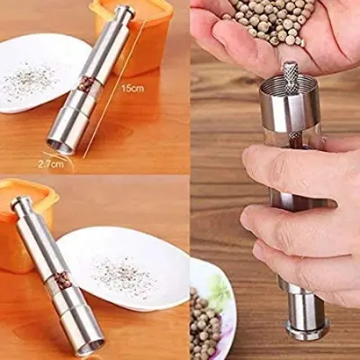 Picture of Kitchen Mini Pepper Grinder Crusher Mill Stainless Steel Hand Thumb Press Set Machine with Stylish Design for Grinding Salt and Black Pepper - Silver
